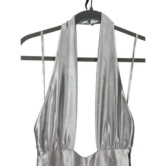Retrofete Charity Gown Maxi Halter Party Formal Gala Prom Classy Guest Silver S